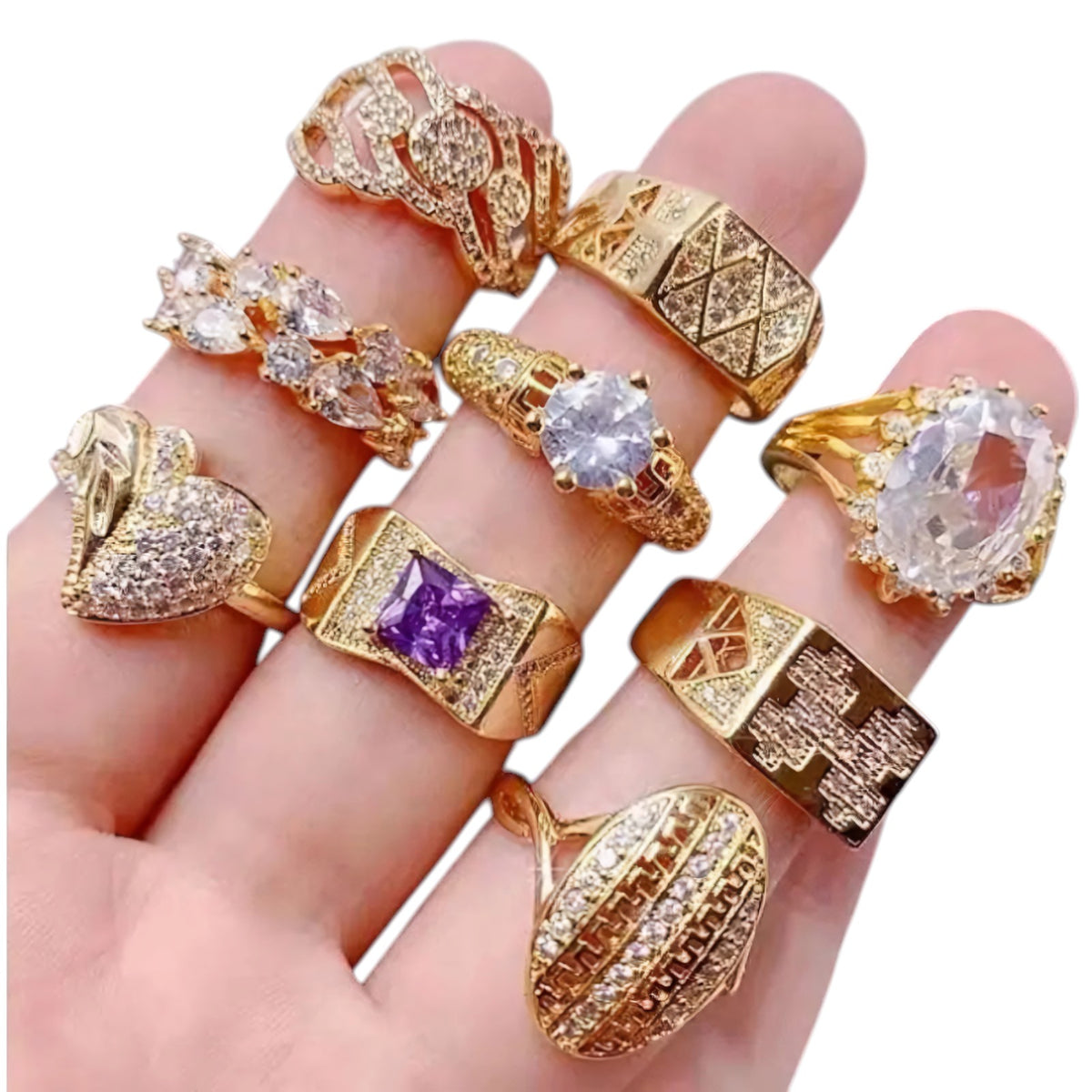 36-Piece Women’s CZ & Rhinestone Ring Set – 14K Gold Plated | Sizes 6–8 in Elegant Reusable Counter Display (Made to Order)