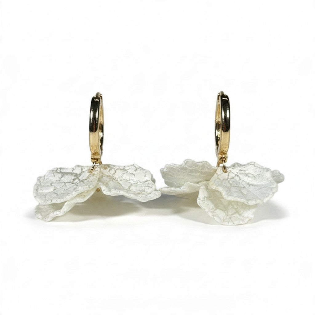 Providence Wholesale Silver floral petal drop hoop earrings with textured white charms on polished gold-tone hoops.