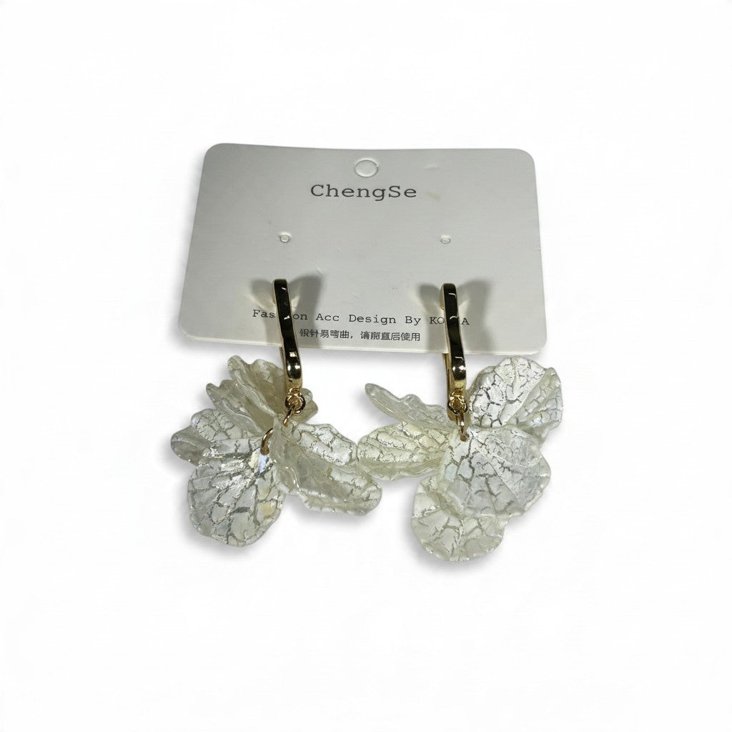 Providence Wholesale Silver floral petal drop hoop earrings with textured white charms on a display card.