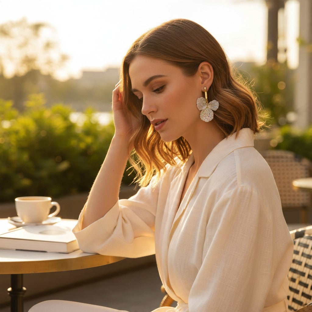 Providence Wholesale Silver floral petal drop hoop earrings with textured white charms worn by a woman outdoors.