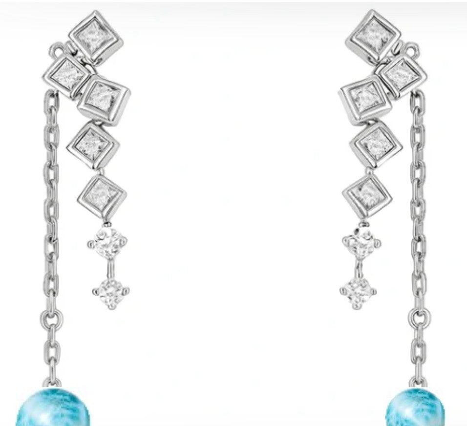 Elegant sterling silver earring with AAAA cubic stone and dangling larimar gemstones