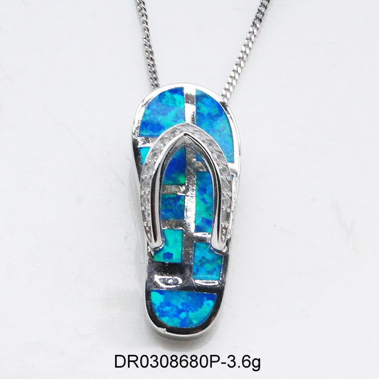 925 Sterling Silver Cute Ocean Blue Opal Sandal Flip Flops Pendant