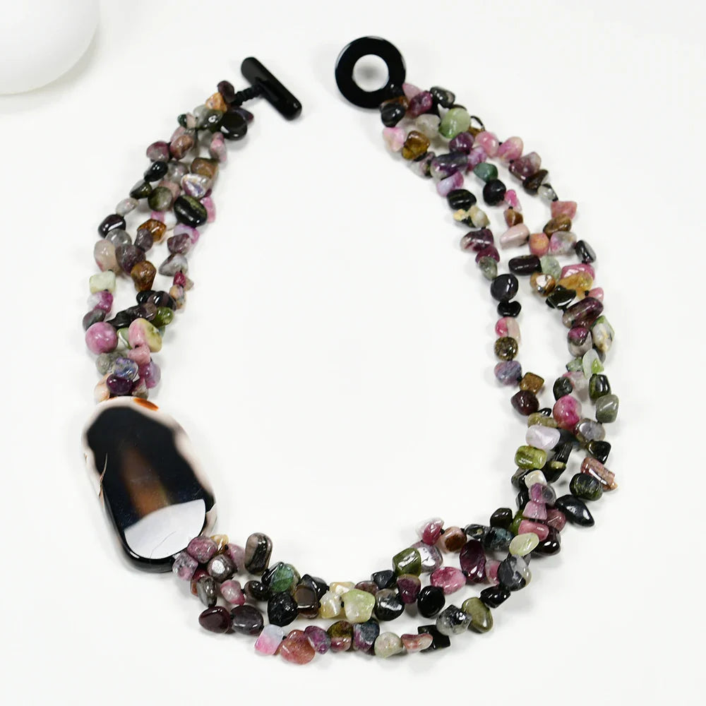 3 Rows Top-drilled Mix Color Natural Tourmaline Agate Necklace Peandant 20'' Muti Strands Necklace Handmade