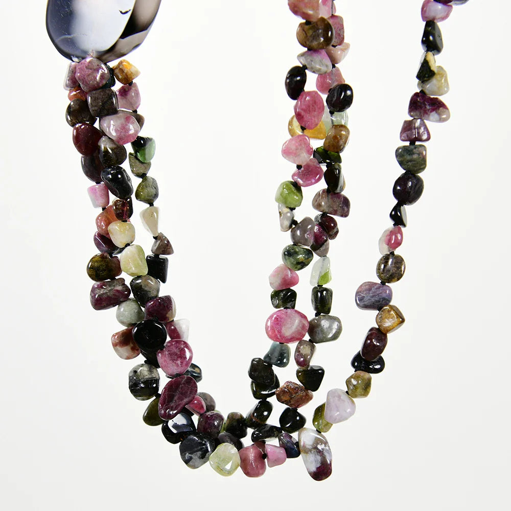 3 Rows Top-drilled Mix Color Natural Tourmaline Agate Necklace Peandant 20'' Muti Strands Necklace Handmade