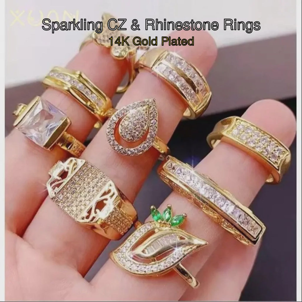 36-Piece Women’s CZ & Rhinestone Ring Set – 14K Gold Plated | Sizes 6–8 in Elegant Reusable Counter Display (Made to Order)