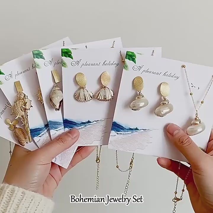 **Boho Ocean Theme Jewelry Set – Natural Seashell Pendant Necklace &amp; Earrings for Summer Beach Vacation**