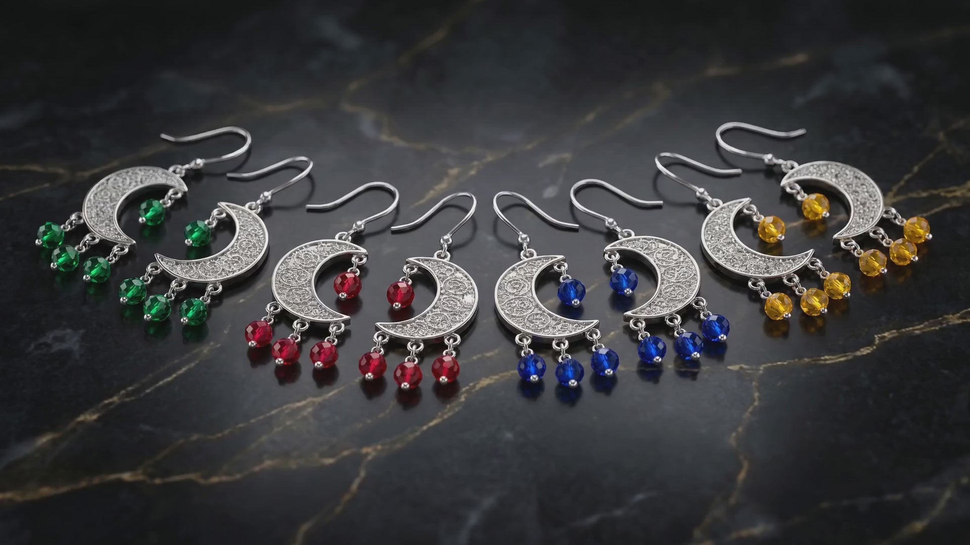 sterling silver 1/2 moon filigree earring with real rubies, emeralds, and sapphire beads