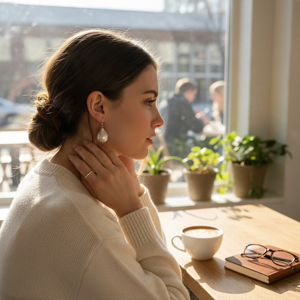 Providence Wholesale Silver baroque pearl drop earrings worn by a woman in a cafe with a cream sweater.