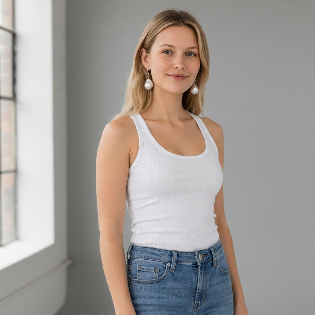 Providence Wholesale Silver baroque pearl drop earrings worn by a woman in a white tank top and blue jeans.