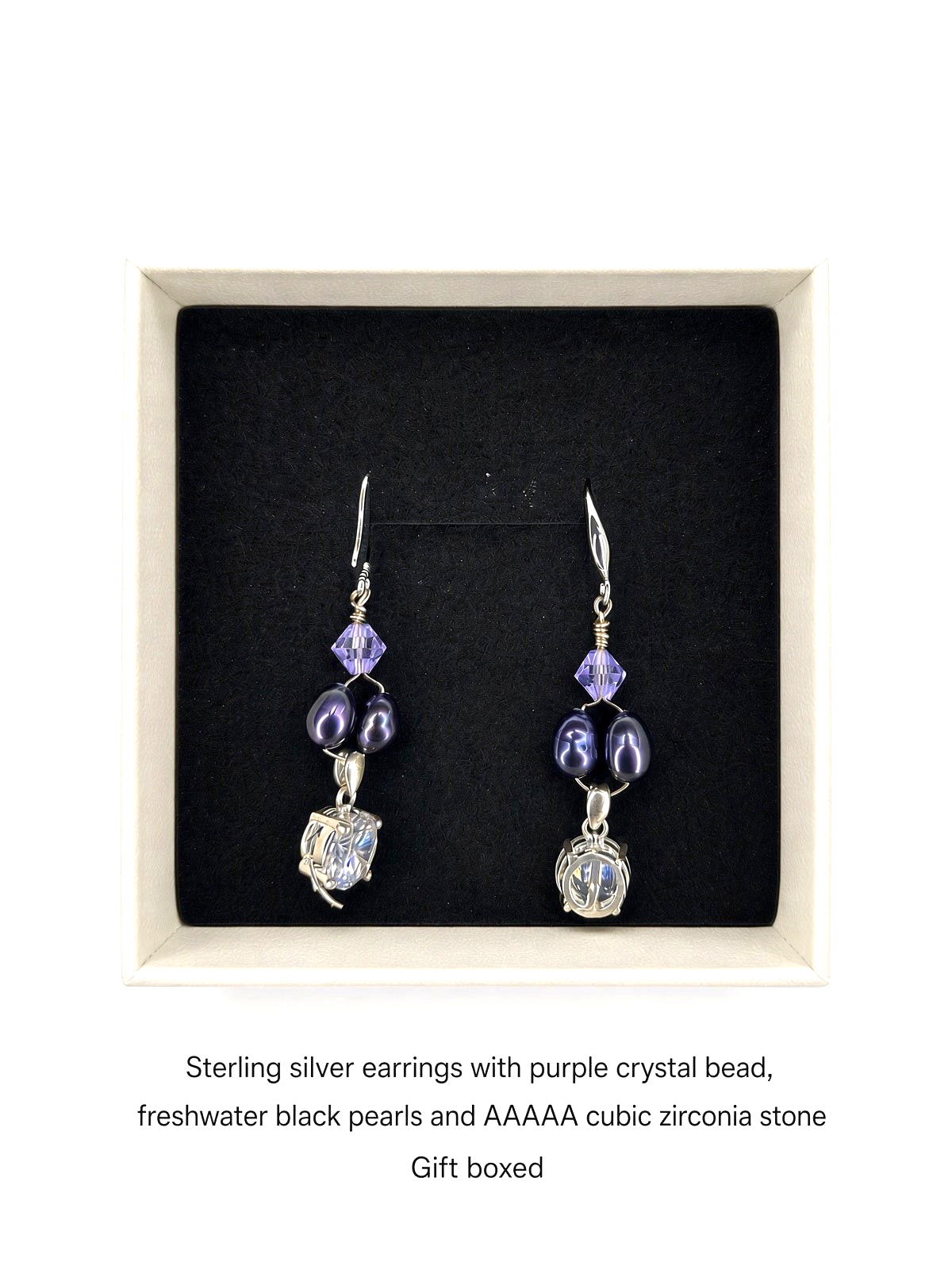 Providence Wholesale Silver dangle earrings featuring purple crystals, dark freshwater pearls, and cubic zirconia.
