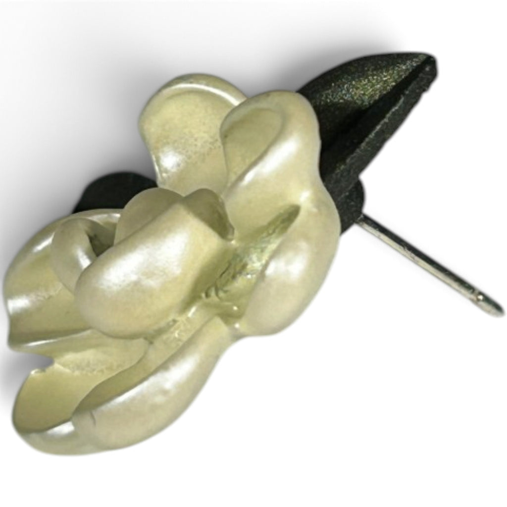 Providence Wholesale Silver floral stud earrings with layered cream petals and a dark green leaf accent.