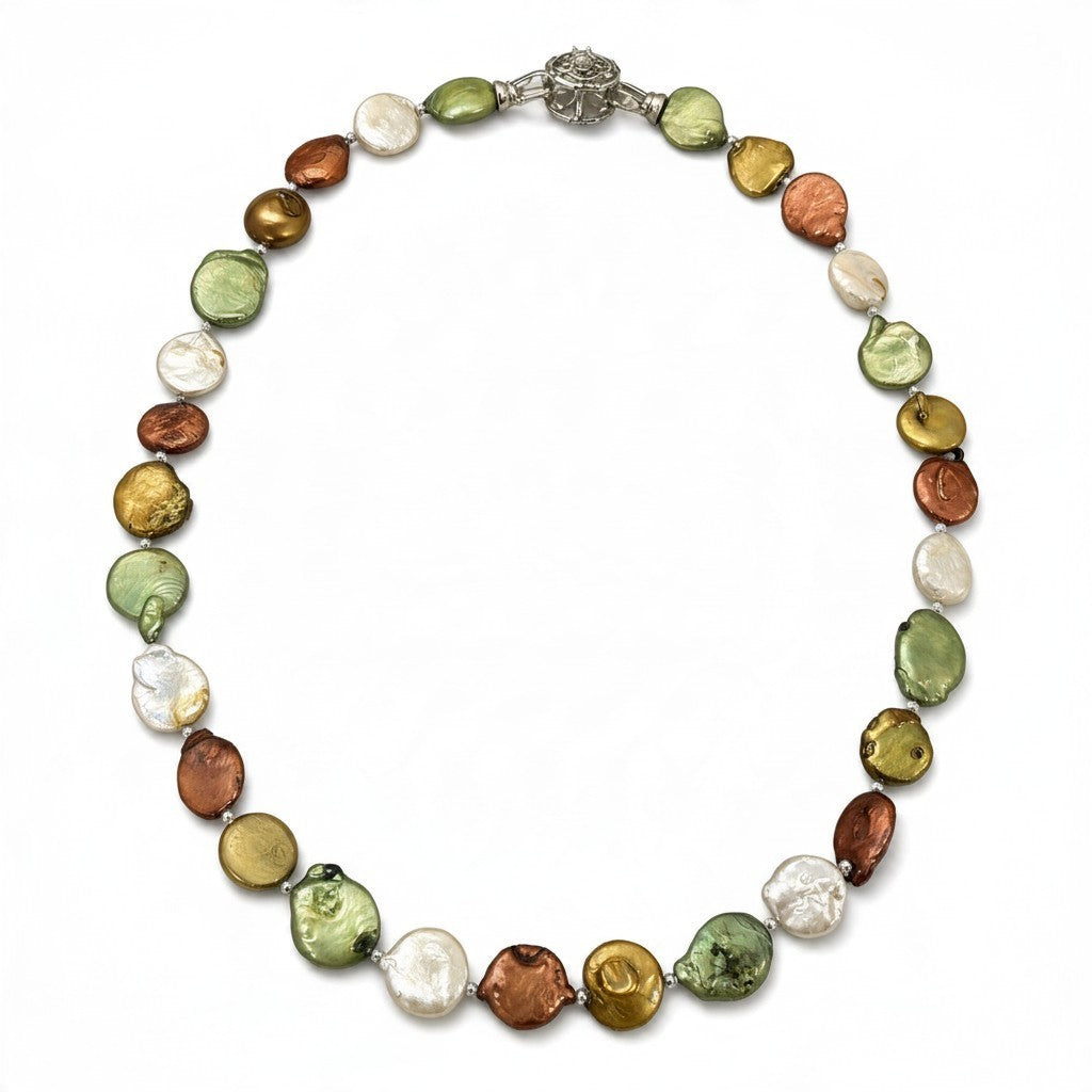 Providence Wholesale Silver necklace featuring multicolor coin pearls in white, green, bronze, and gold tones.