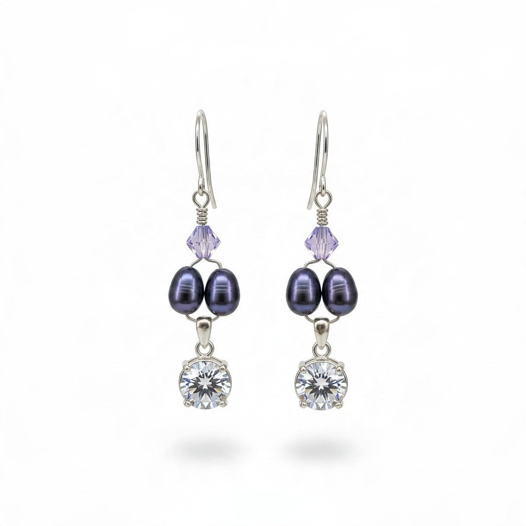 Providence Wholesale Silver dangle earrings with purple crystals, dark freshwater pearls, and cubic zirconia drops.