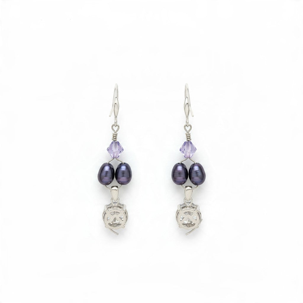 Providence Wholesale Silver dangle earrings with purple crystals, dark freshwater pearls, and cubic zirconia drops.