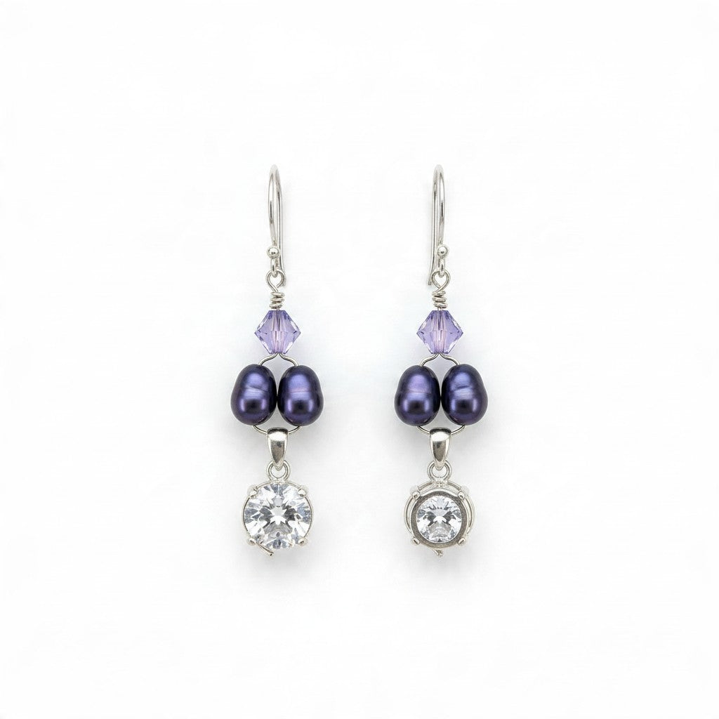 Providence Wholesale Silver dangle earrings featuring purple crystals, dark freshwater pearls, and cubic zirconia.