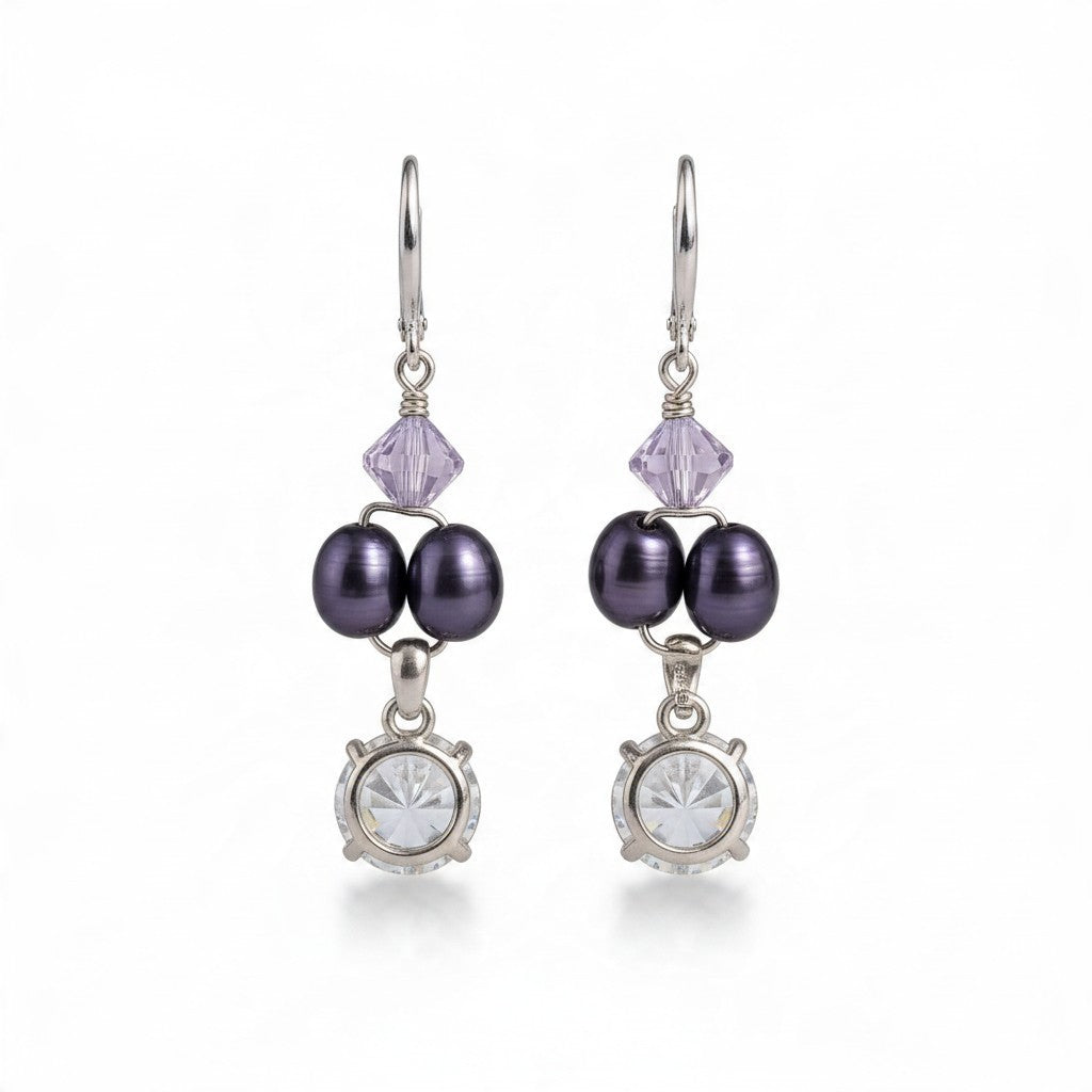 Providence Wholesale Silver drop earrings with dark freshwater pearls, lavender crystals, and cubic zirconia in silver.