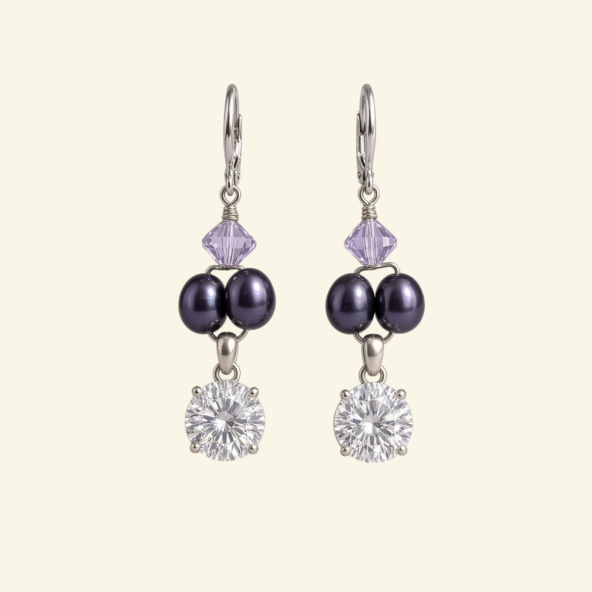 Providence Wholesale Silver sterling silver drop earrings with dark freshwater pearls, lavender crystals, and CZ stones.