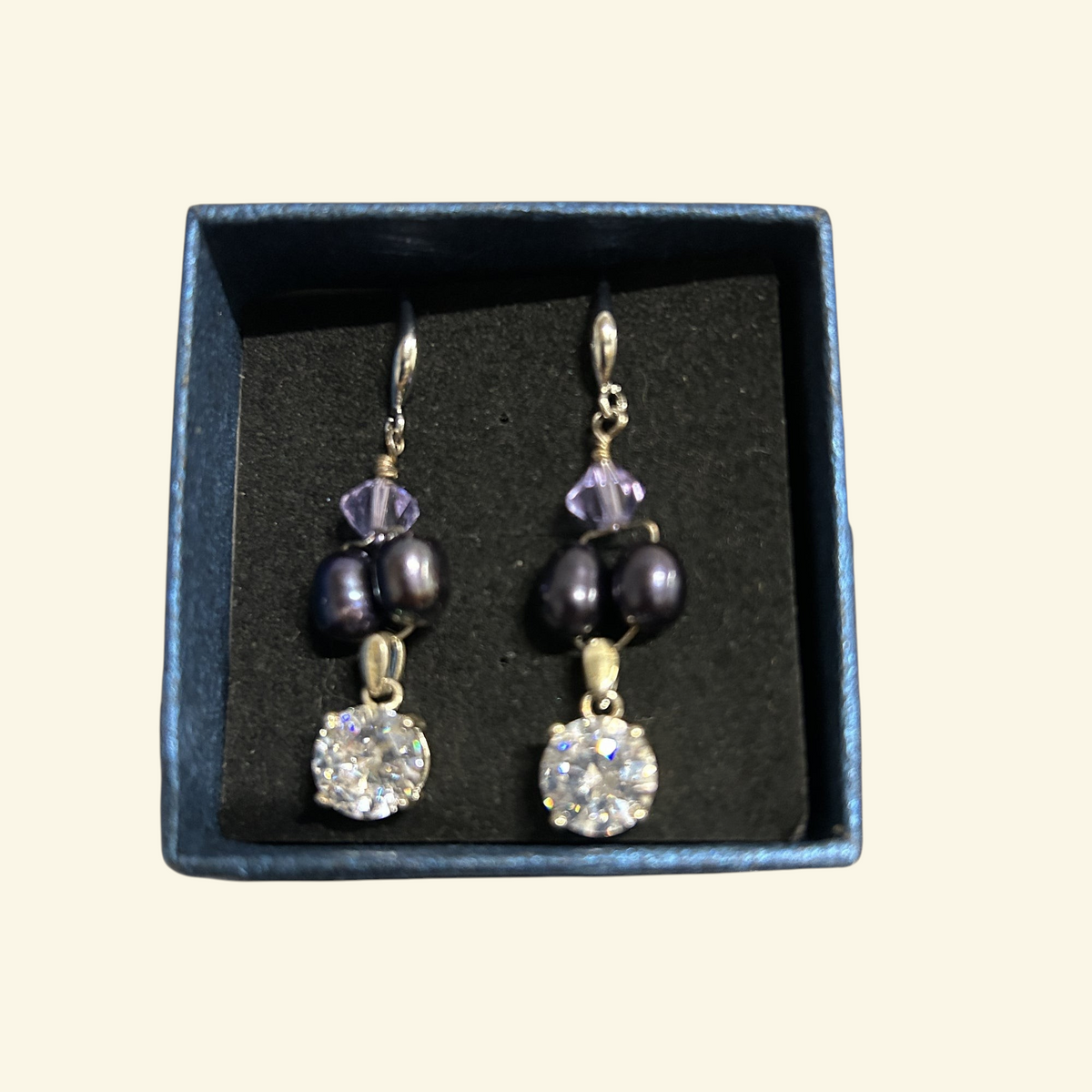 Providence Wholesale Silver drop earrings featuring dark freshwater pearls, lavender crystals, and cubic zirconia.