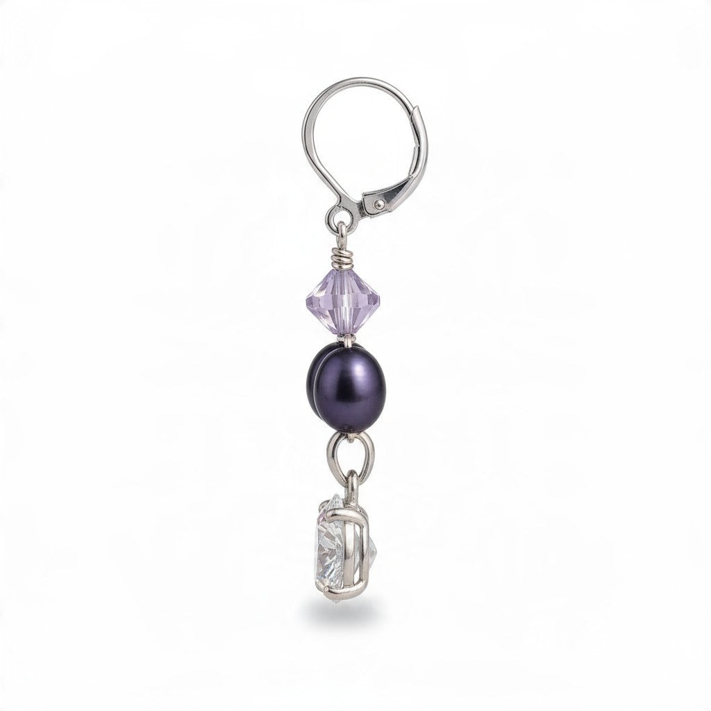 Providence Wholesale Silver drop earring with a dark pearl, lavender crystal, and cubic zirconia on sterling silver