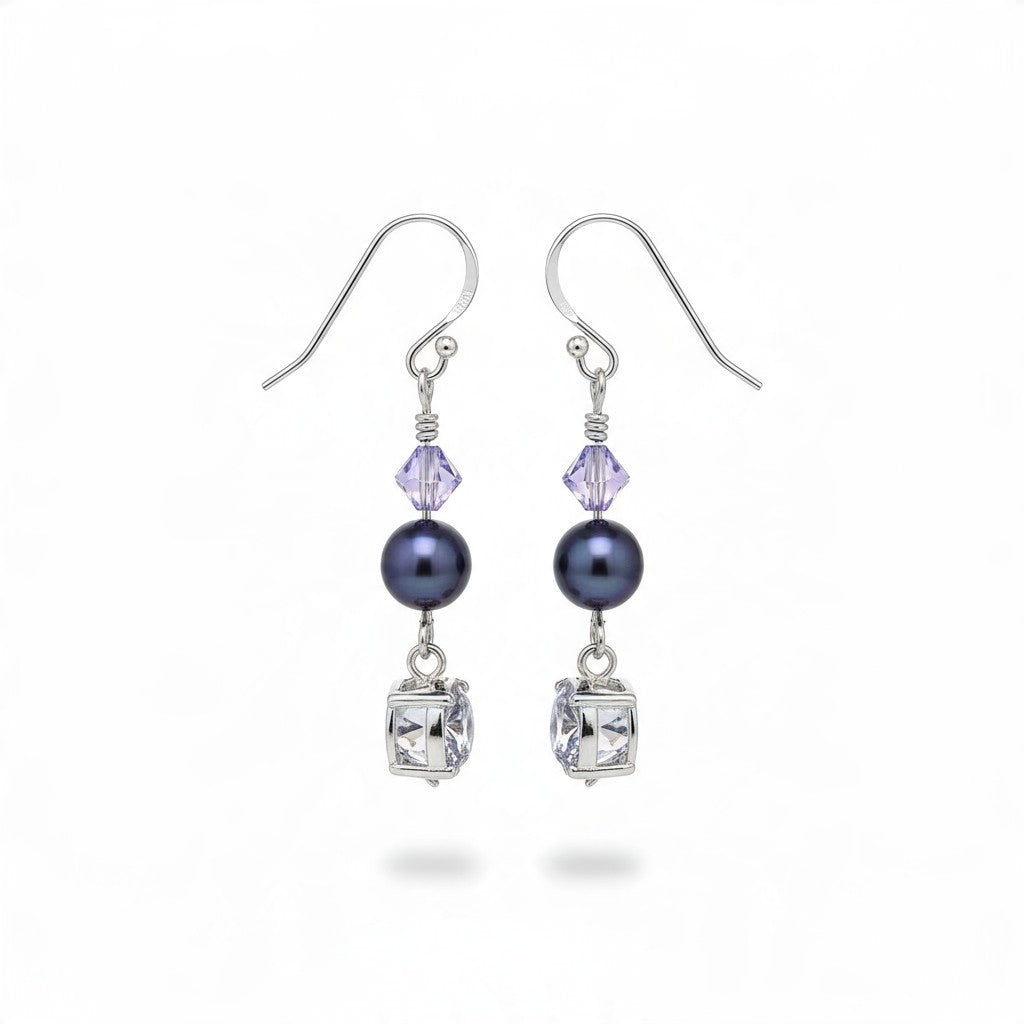Providence Wholesale Silver dangle earrings featuring purple crystals, dark freshwater pearls, and cubic zirconia.