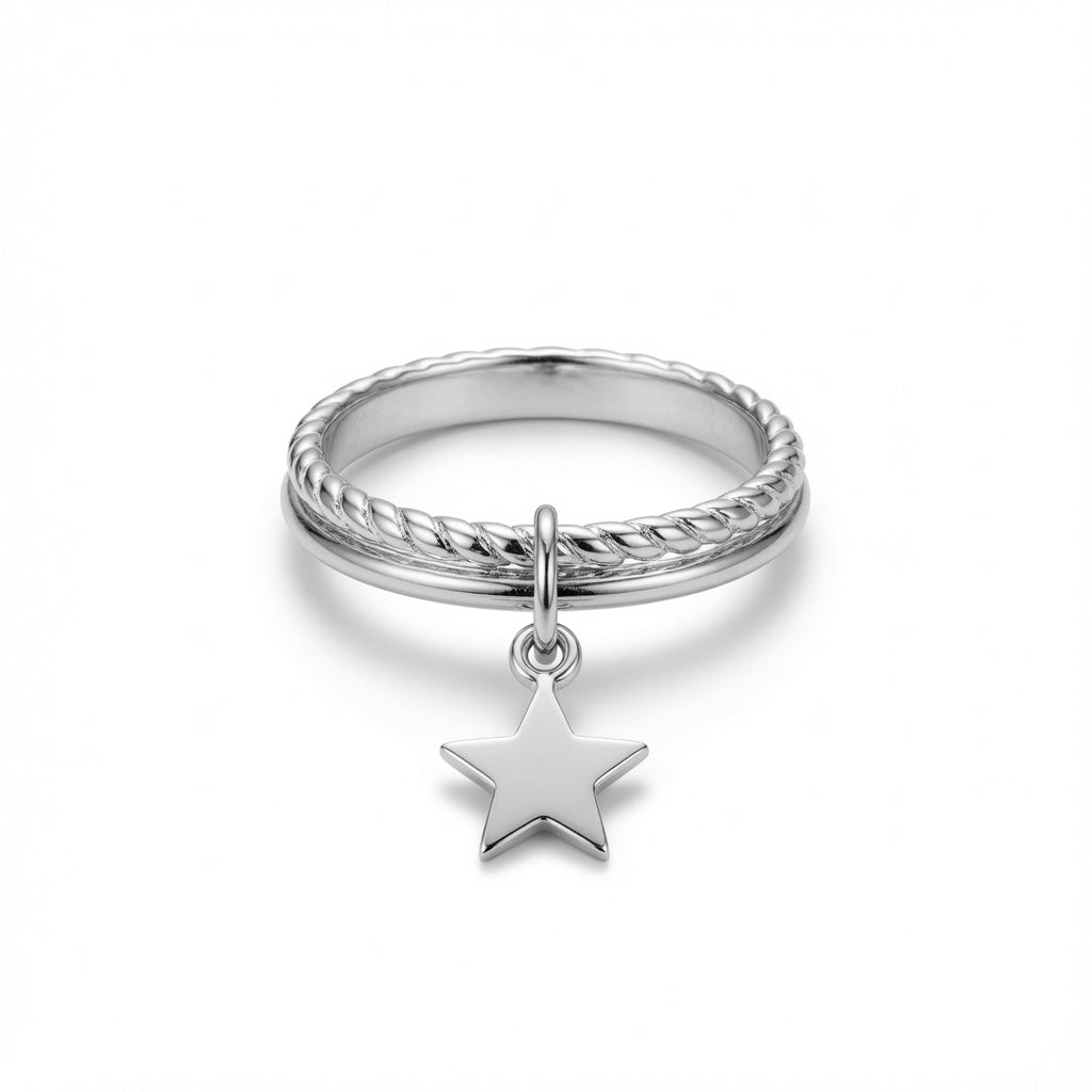 Silver ring with a star pendant on a white background