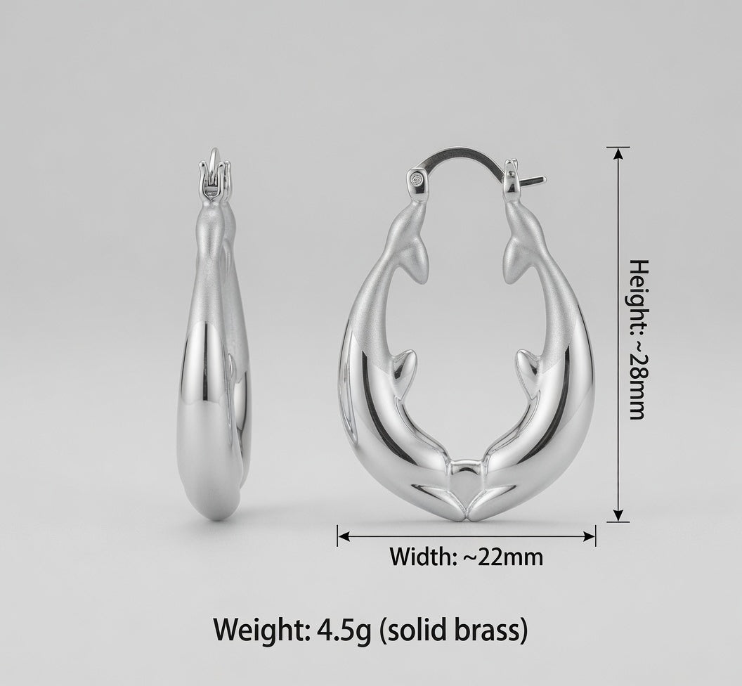 Quality Mades Kissing Dolphin Hoop Earrings featuring 14kt or rhodium finish solid .925 wires