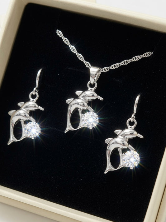 2 pcs. set 925 sterling silverDolphin necklace and earring in gift box