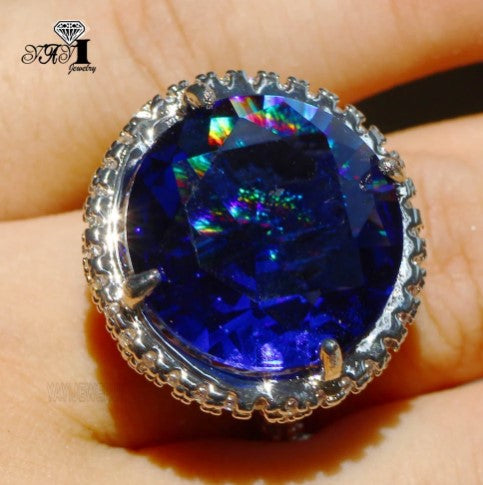 Princess Cut 15*15mm Huge Blue Sapphire Zircon Stamped S925 Sterling Silver Bling Ring