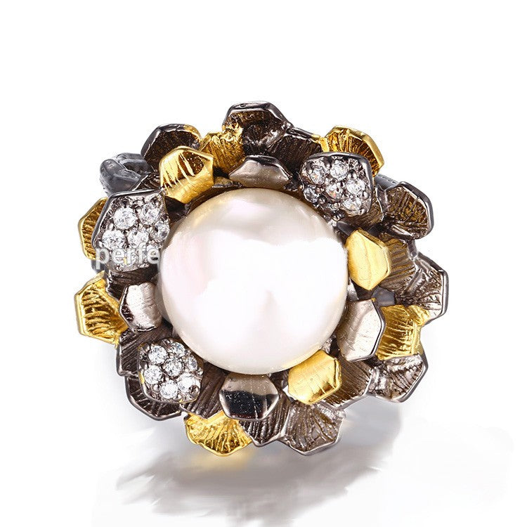 Dome pearl flower ring in sterling silver