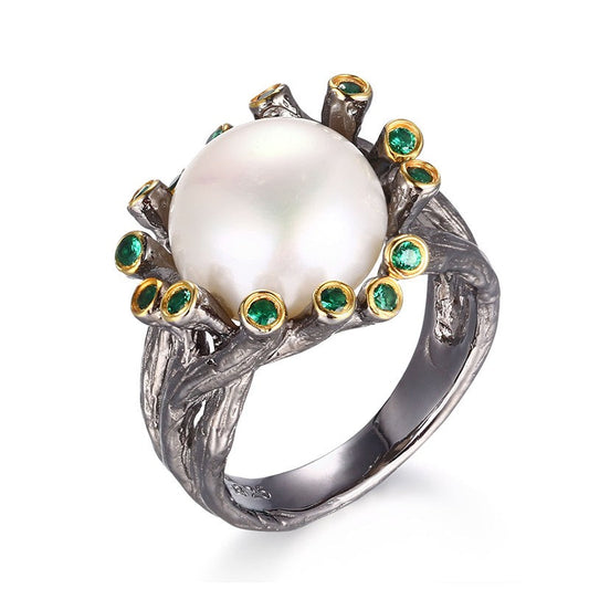 Pearl dome .925 silver ring with Spinel accent stones