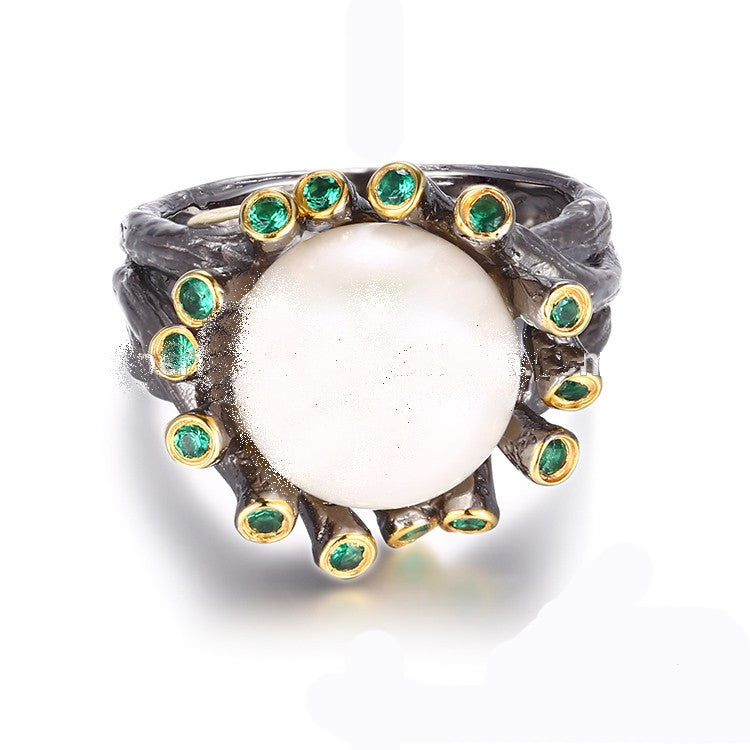 Pearl dome .925 silver ring with Spinel accent stones