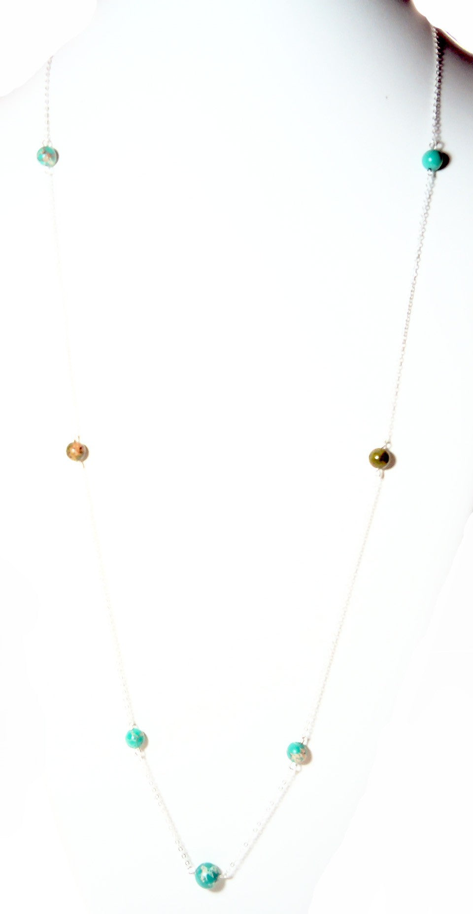 Genuine turquoise and Kambra jasper stone necklace made with sterling silver chain 36 inches.