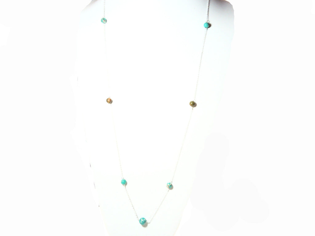Genuine turquoise and Kambra jasper stone necklace made with sterling silver chain 36 inches.