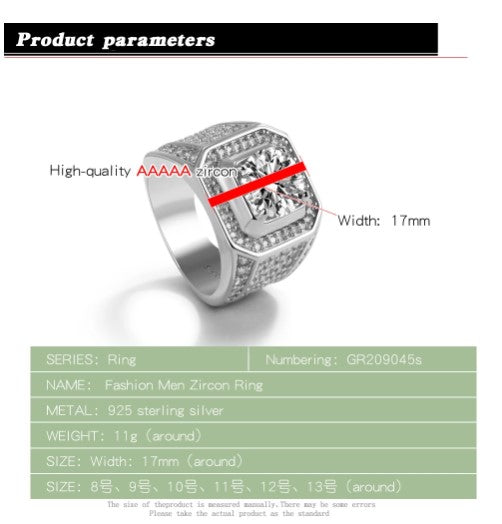 Sterling silver mans AAAA grade cubic zirconia ring