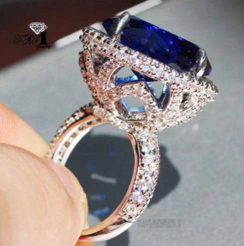 Princess Cut 15*15mm Huge Blue Sapphire Zircon Stamped S925 Sterling Silver Bling Ring