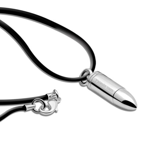 Unisex 17 inch leather necklace with 100% 925 silver bullet pendant