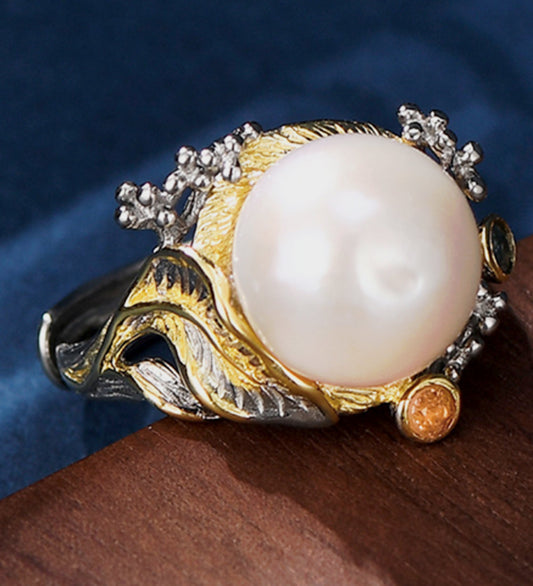 Designer style large Baroque Pearl ring set in Sterling Silver with 14K overlay
