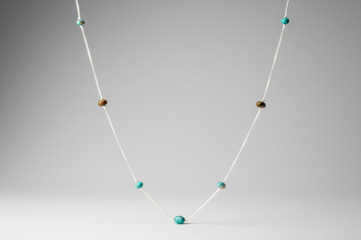 Genuine turquoise and Kambra jasper stone necklace made with sterling silver chain 36 inches.