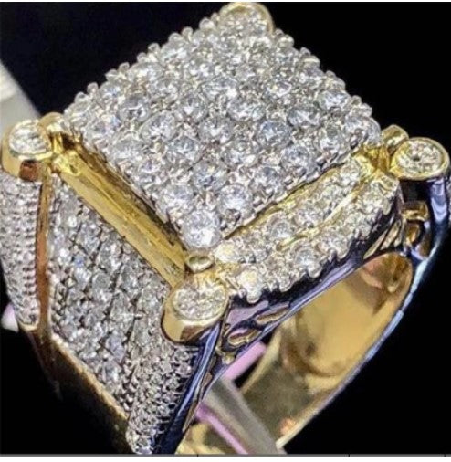 Men's yellow gold-plated full crystal bling ring with unique business style design