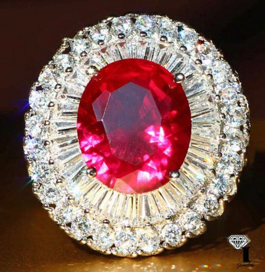 Sterling silver 925 ring with ruby center stone, baguette stones and round cubic