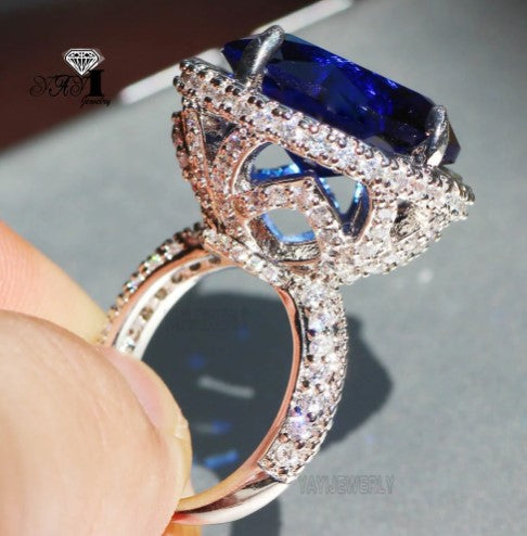 Princess Cut 15*15mm Huge Blue Sapphire Zircon Stamped S925 Sterling Silver Bling Ring