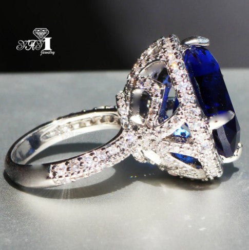 Princess Cut 15*15mm Huge Blue Sapphire Zircon Stamped S925 Sterling Silver Bling Ring