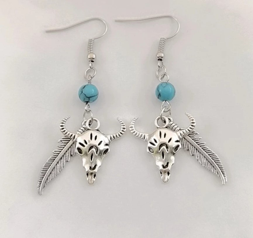 Wild West Earrings Cowgirl Country Earrings Cow Head With Turquoises, Feather Earrings