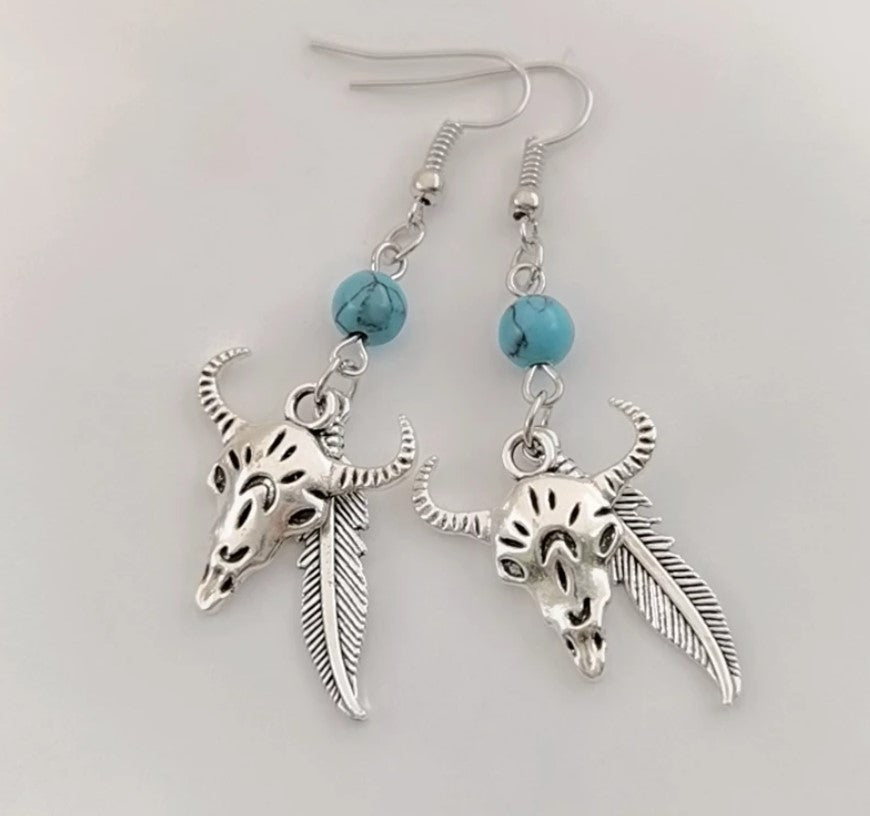 Wild West Earrings Cowgirl Country Earrings Cow Head With Turquoises, Feather Earrings