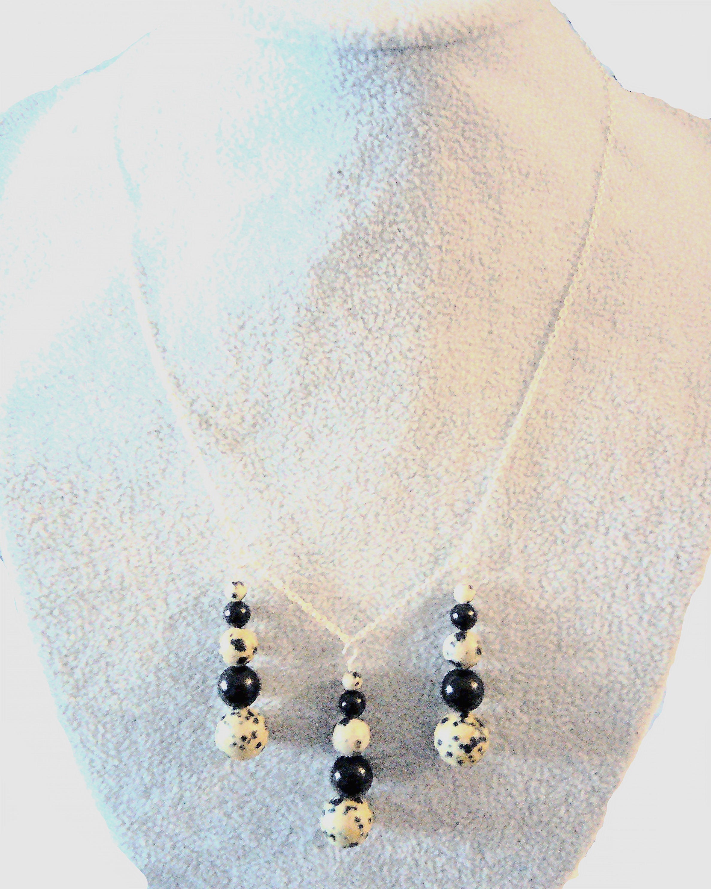Genuine dalmation spot-black onyx beads with 100% .925 sterling silver necklace chain