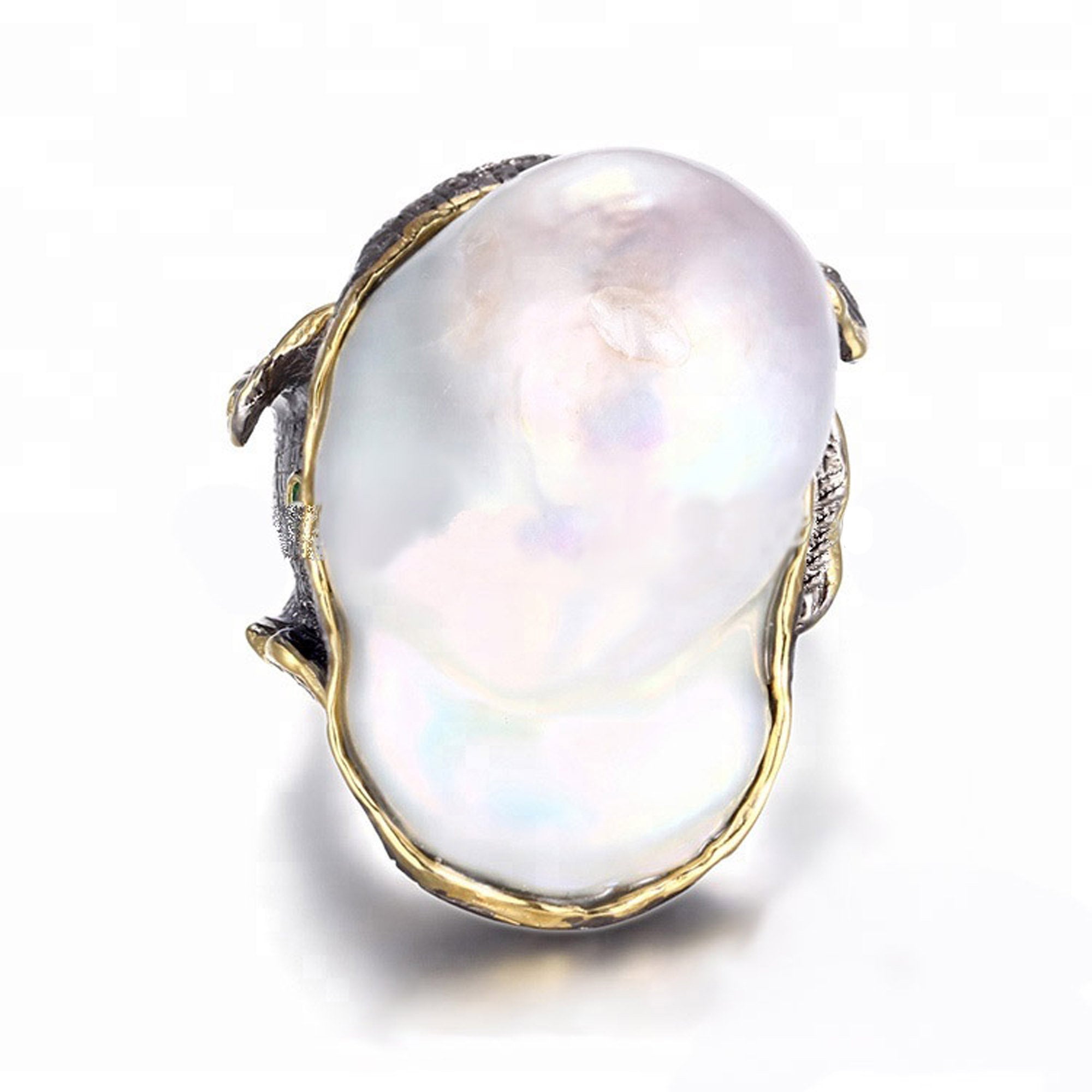Baroque Pearl ring in sterling silver and gold overlay accents with gemstones