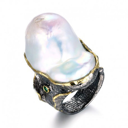 Baroque Pearl ring in sterling silver and gold overlay accents with gemstones