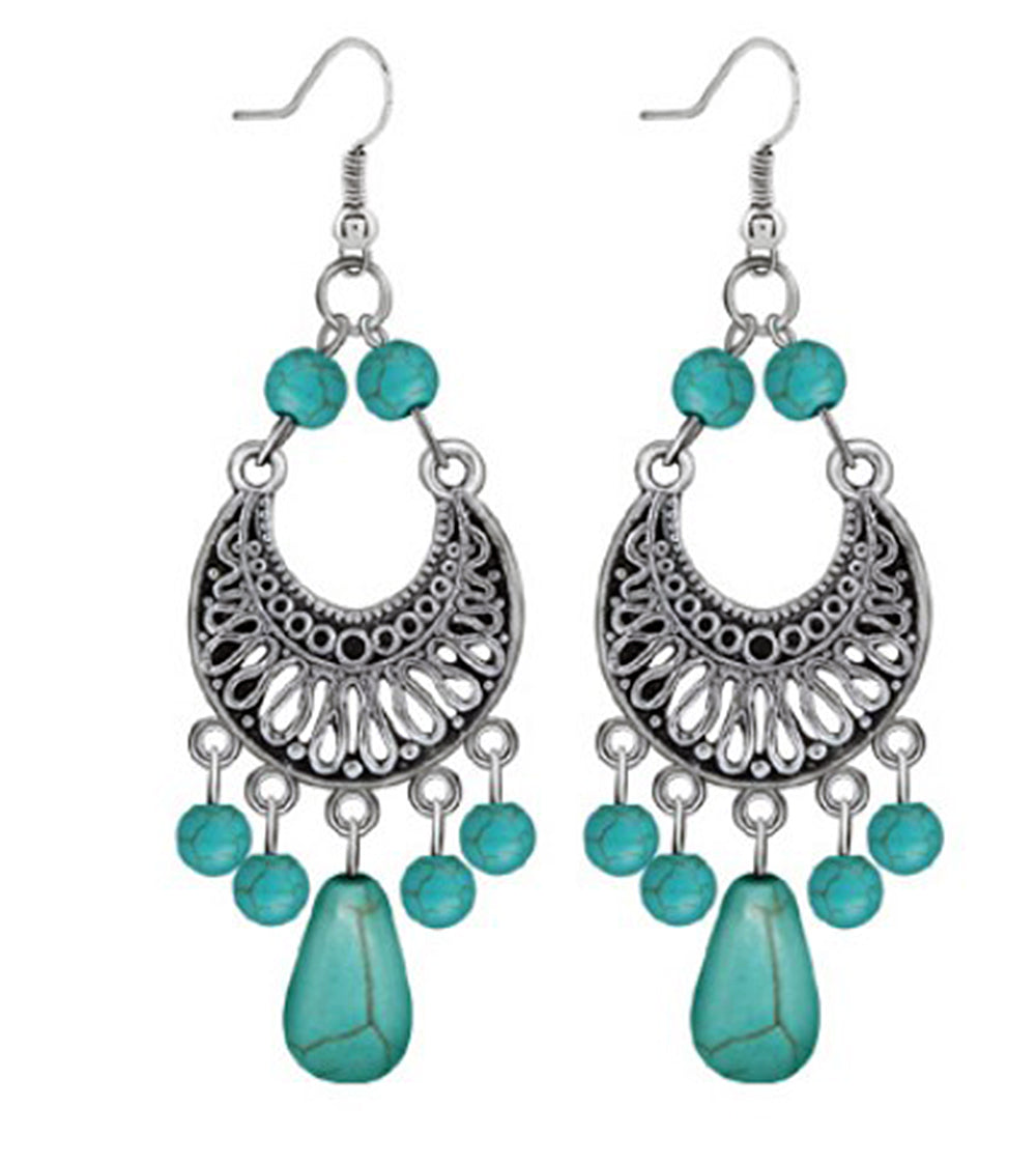 Vintage Ethnic Turquoise Earrings For Women Silver Statement Retro Indian Earrings