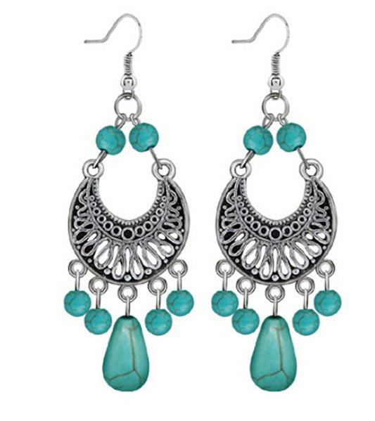 Vintage Ethnic Turquoise Earrings For Women Silver Statement Retro Indian Earrings
