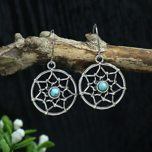 Vintage Ethnic Dream Catcher Turquoise Earrings For Women Antique Silver Retro Indian Earrings